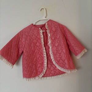 vintage 50’s hot pink quilted white lace trim bow tie bed jacket pajamas.🩷